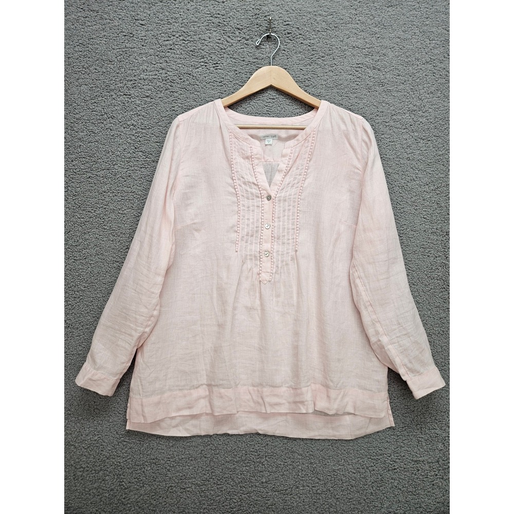 J Jill Love 100% Linen Top M Pink Pintuck Henley Coastal Boho Long Sleeve Blouse